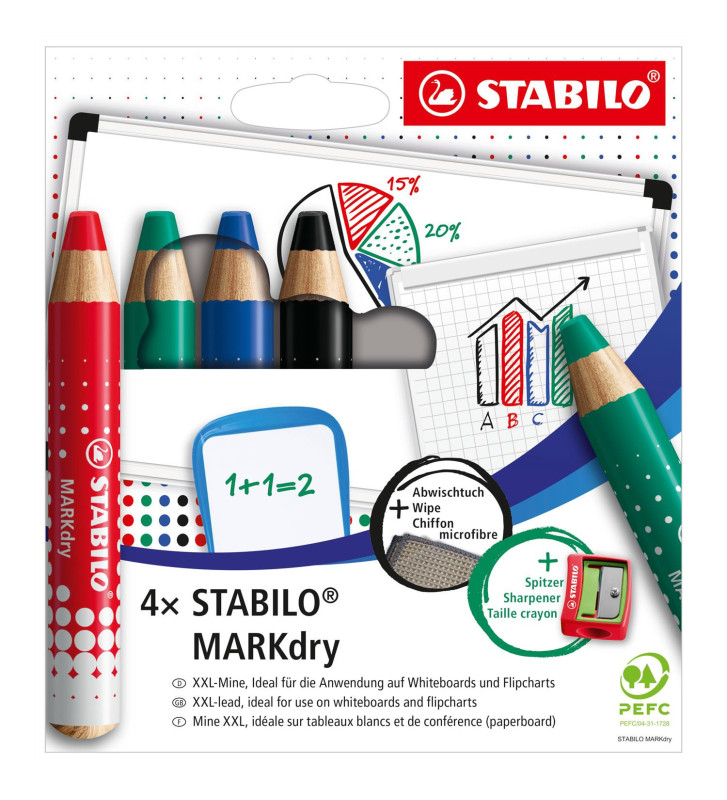 Etui carton de 4 crayons marqueurs  MARKdry+1 taille-crayon+1 chiffonnette