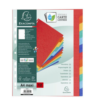 Intercalaires carte lustrée 400g 12 positions - A4 maxi Couleurs assorties