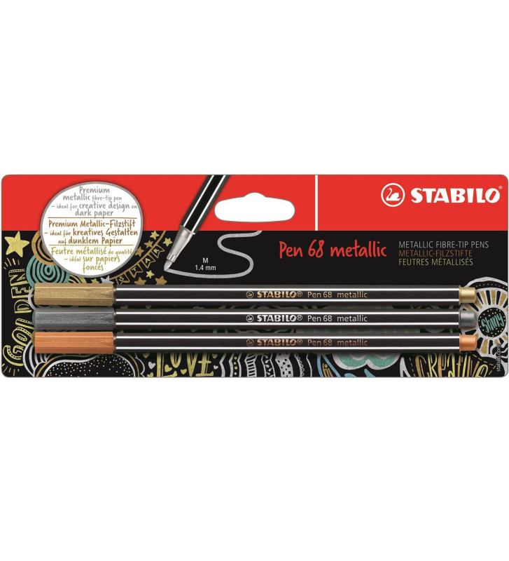 Blister x 3 feutres métallisés STABILO Pen 68 metallic - or, argent, cuivre