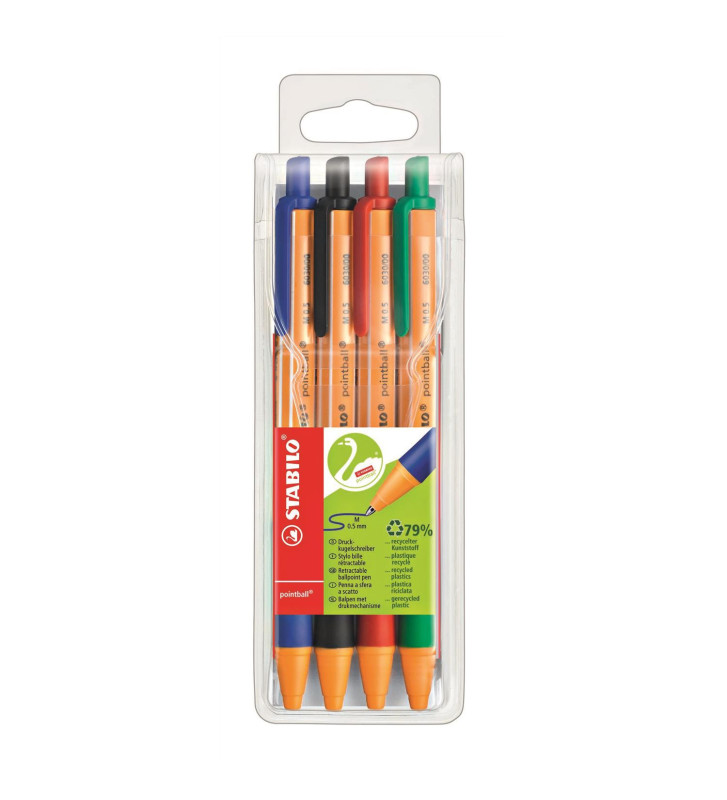 Pochette de 4 Stylos Bille Rétractable POINTBALL Tracé 0,5 mm, couleurs assorties