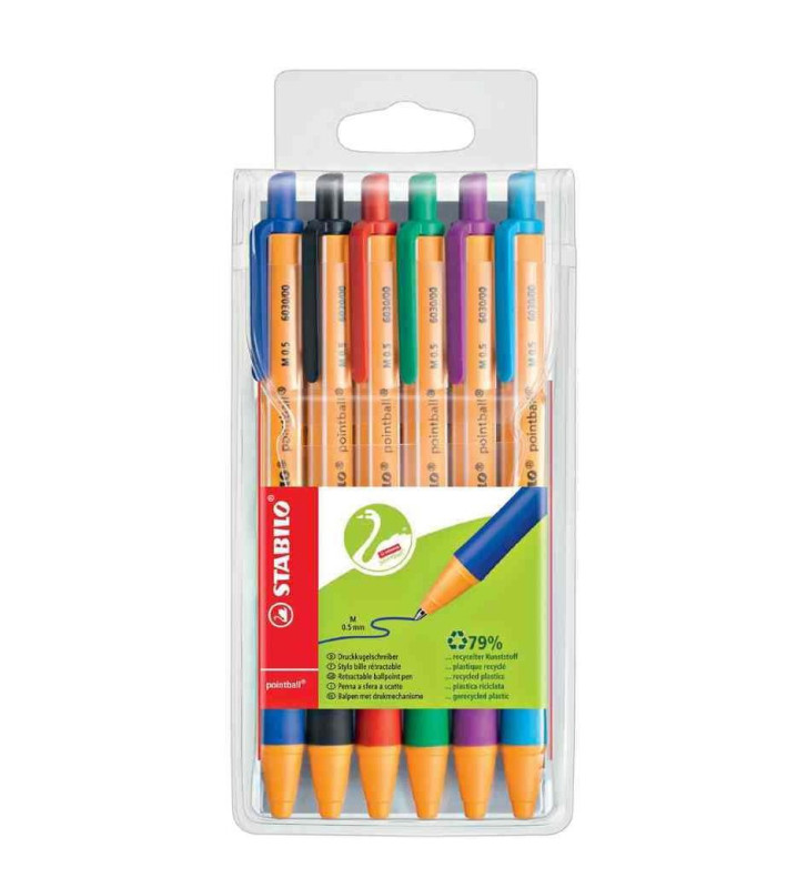 Pochette de 6 Stylos Bille Rétractable POINTBALL Tracé 0,5 mm , couleurs assorties