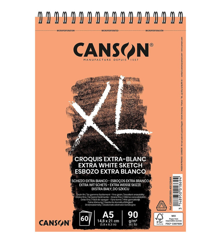 Bloc croquis XL EXTRA WHITE A5 60 feuilles 90g Blanc
