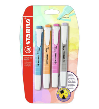 Blister 4 surligneurs STABILO swing cool Pastel - abricot+bleu+mauve+gris