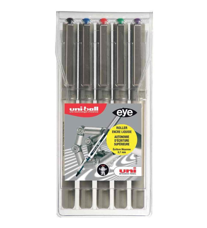 Etui de 5 stylos roller encre liquide EYE UB157 pointe moyenne 0,7mm couleurs assorties