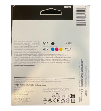 Pack de 4 Cartouches d'Encre 912 Noire, Cyan, Magenta, Jaune Authentiques (6ZC74AE)