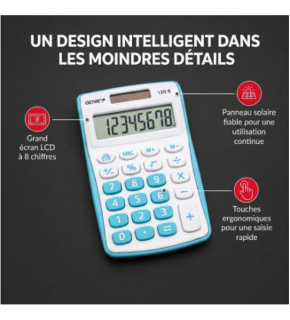 Calculatrice 120 B 8 chiffres (Dual Power (Pile, solaire), design compact bleu