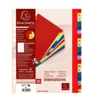 Intercalaires imprimés alphabétique PP 12/100e - 20 positions - A4+- Assorties vives
