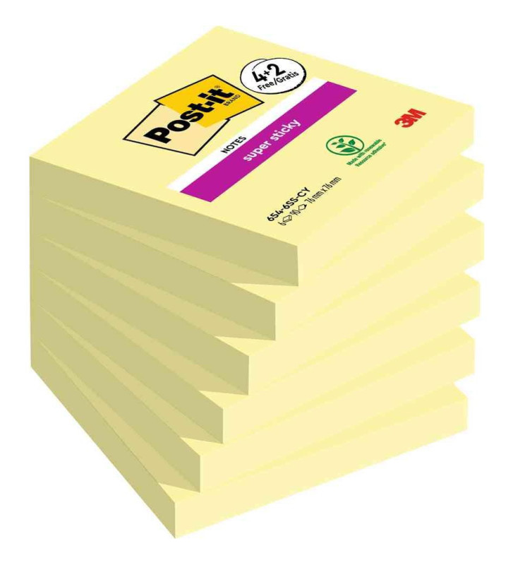 Pack 6 Bloc-note adhésif Super Sticky Notes, 76 x 76 mm Jaune