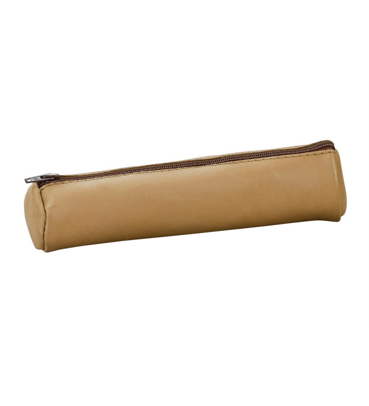 Trousse Fourre tout petit Rond Cuir Ovin Naturel 18 cm D 4cm Beige
