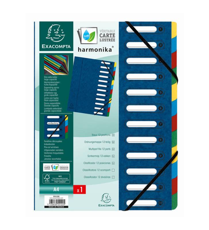Trieur Harmonika à Fenêtres avec Élastiques 12 Compartiments Bleu
