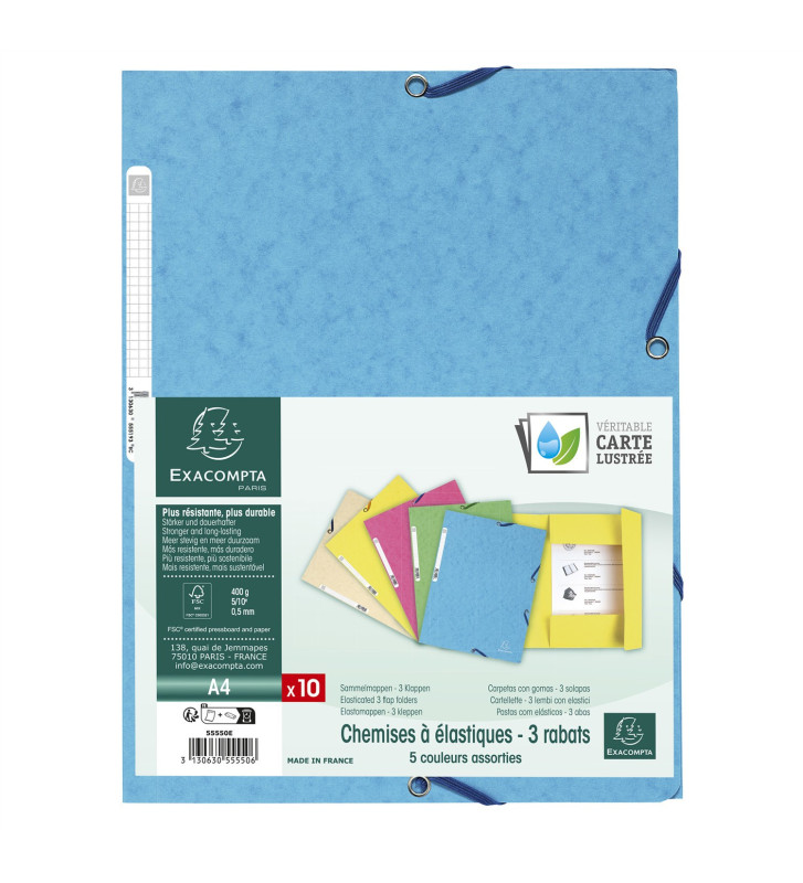 Pack 10 Chemises 3 rabats à élastiques CL 400g - A4 - Couleurs assorties pastels