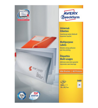 Boite de 3000 Etiquettes universelles 70 x 29,7 mm sur 100F A4 Blanc