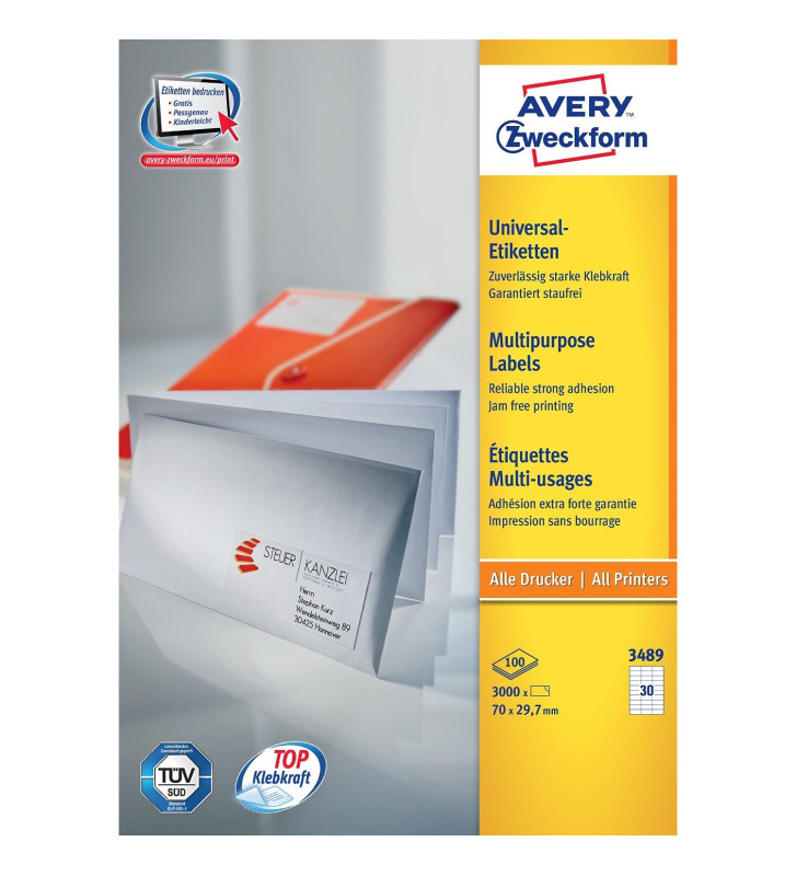 Boite de 3000 Etiquettes universelles 70 x 29,7 mm sur 100F A4 Blanc