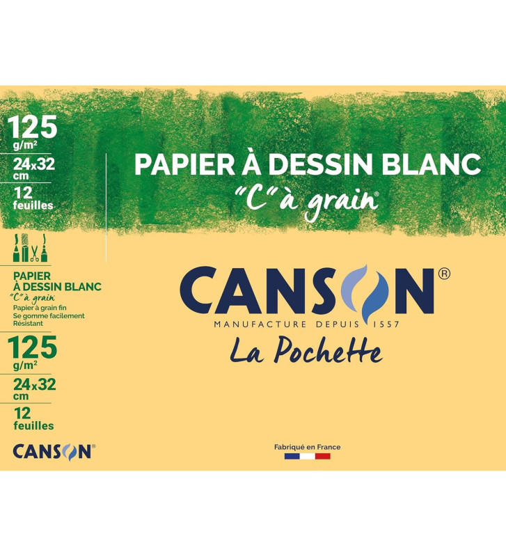 Pochette 12 Feuilles Papier Dessin C à Grain 24x32cm 125g Blanc