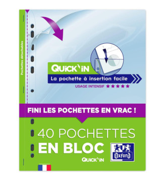 Bloc détachable de 40  pochettes perforées Quick'in 9/100ème incolore
