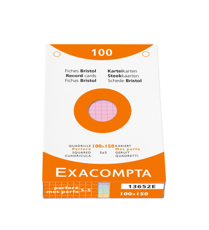 Étui de 100 fiches bristol quadrillé 5x5 perforé 100x150mm Couleurs assorties