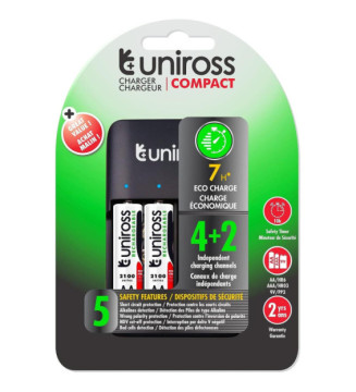 Chargeur COMPACT - 1 à 4 Piles AA/AAA/9V+4 Piles AA rechargeable Inclus