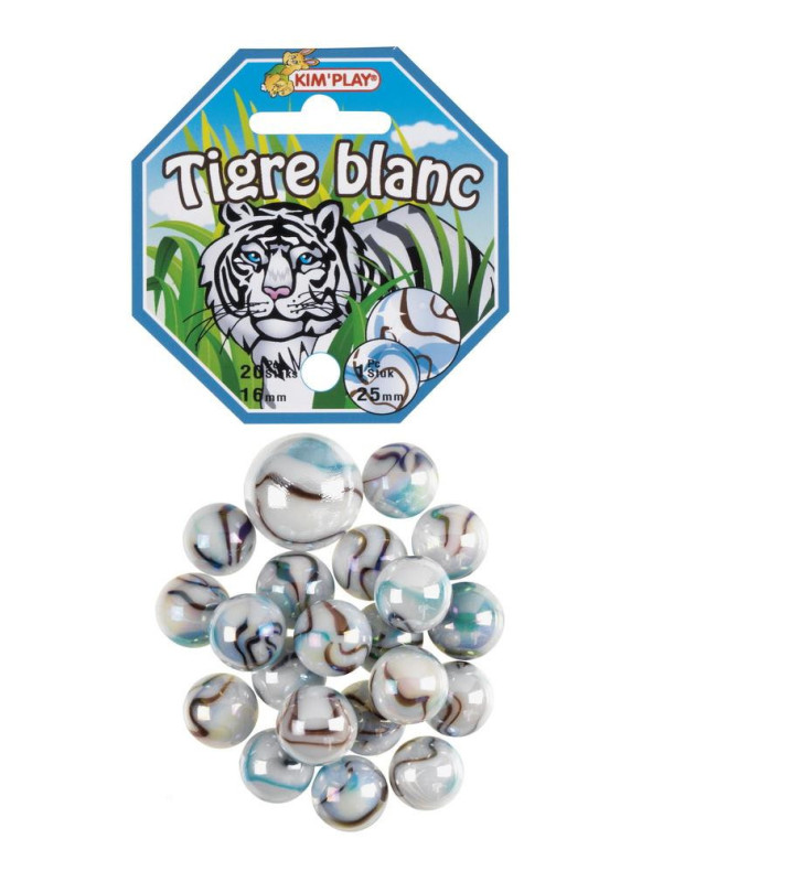 Sachet de 20 billes 16mm et 1 calot 25mm TIGRE BLANC