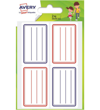 Sachet de 24 étiquettes scolaires lignes bleues et rouges 36 x 56 mm