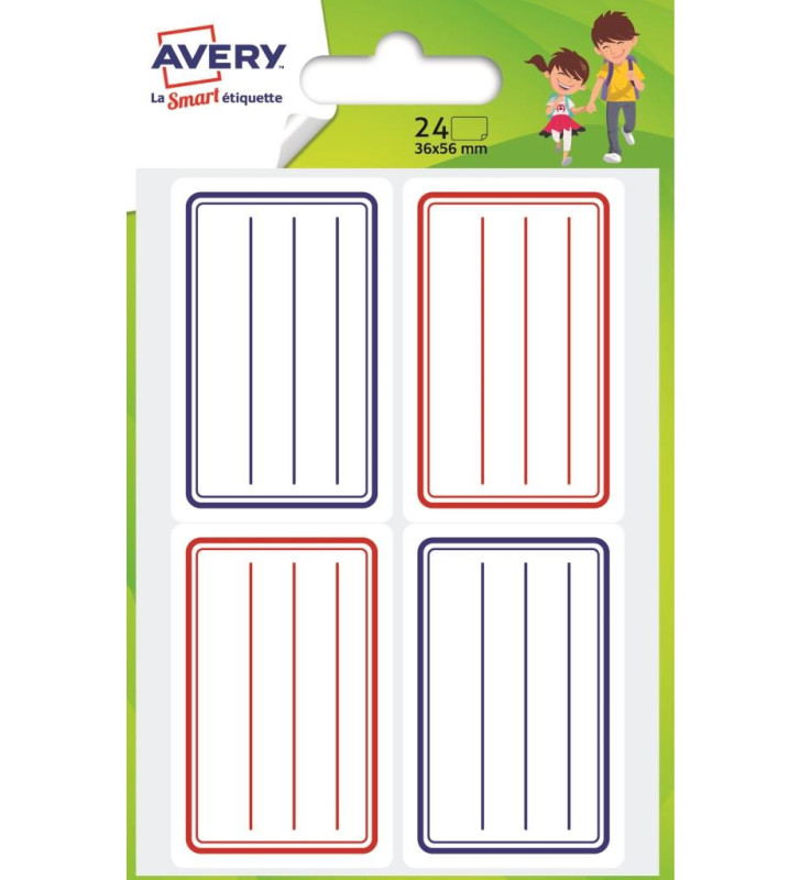 Sachet de 24 étiquettes scolaires lignes bleues et rouges 36 x 56 mm