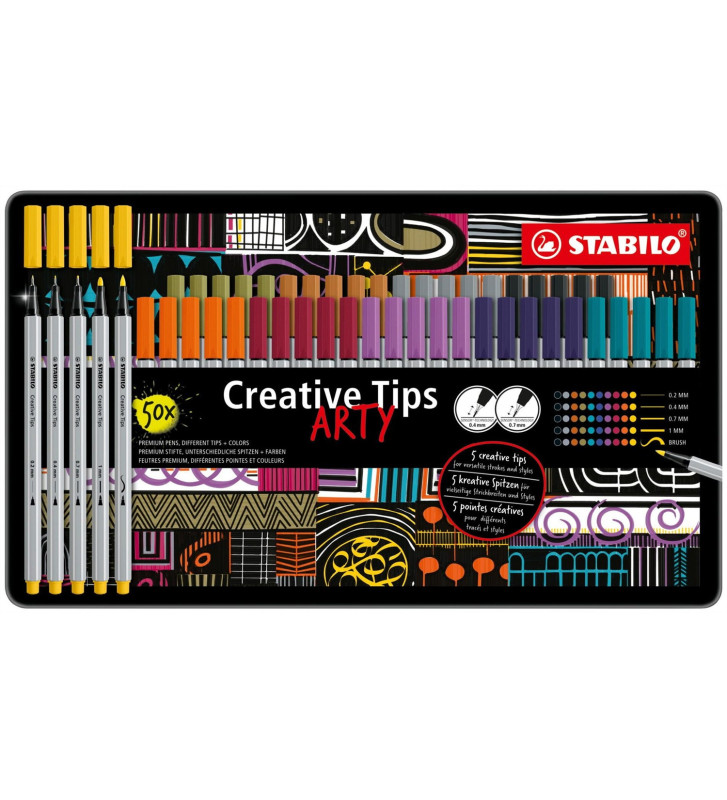 Boîte Métal 50 Feutres Creative Tips Pointes Assorties Coloris Pastel et Classique