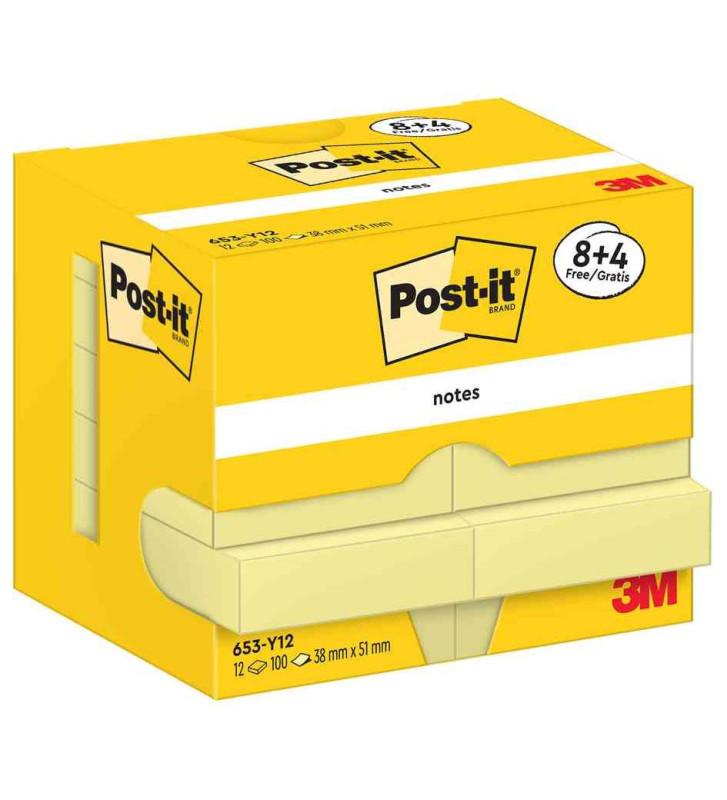Pack Distributeur 12 Blocs Adhésif Repositionnable 51 x 38 mm Jaune