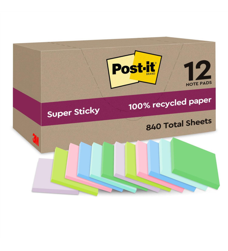 Pack 12 Blocs Super Sticky Recycling Notes 47,6 x 47,6 mm Couleur