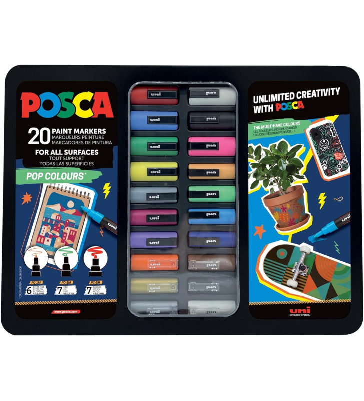 Mallette Métal 20 Marqueurs Posca Pop Colours 1MC/3M/5M Assortis