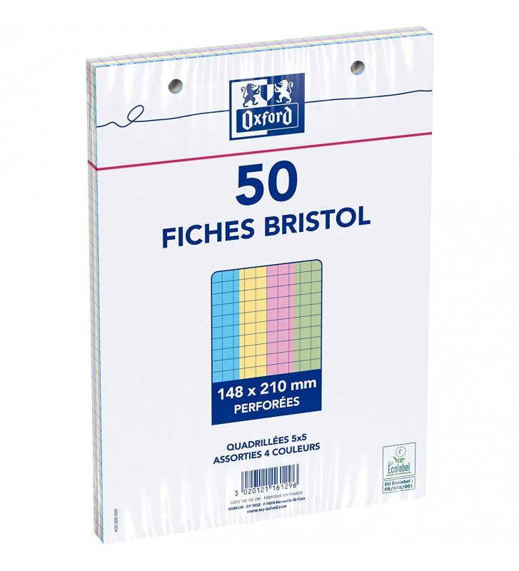 50 FICHES BRISTOL OXFORD PERFOREES 5X5 - 148X210MM BLANCHES