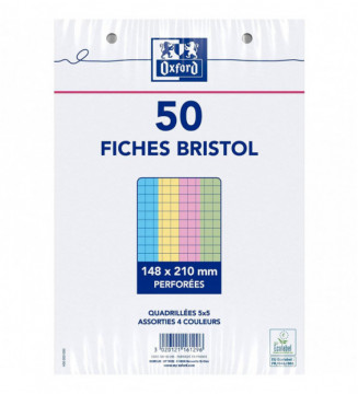 Fiches bristol A5 couleurs assorties quadrillé 5 x 5 - Boîte de 100