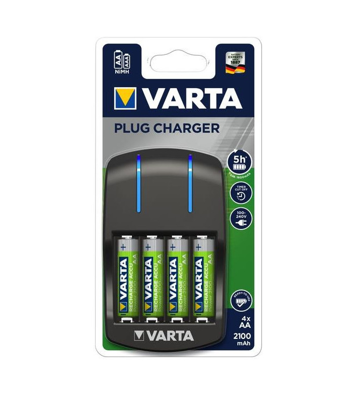 VARTA Chargeur Plug Charger pour piles AA/AAA+4 piles AA 2100 mAh